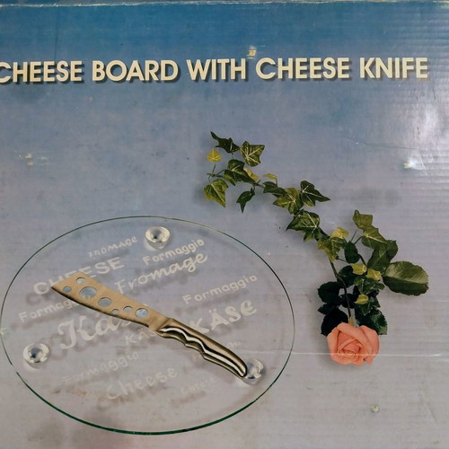 Cheese serving platter new with knife, glass