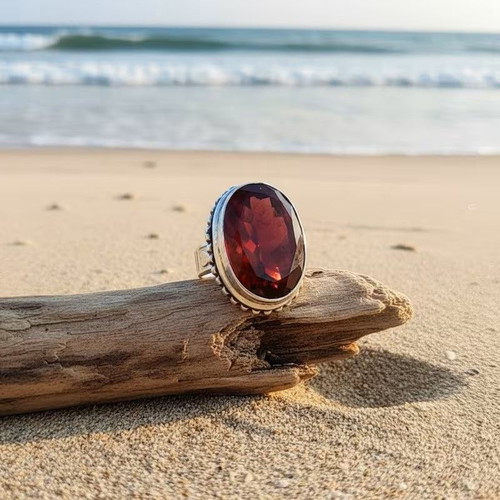 Retro ring with red stone and silver plating, size 57