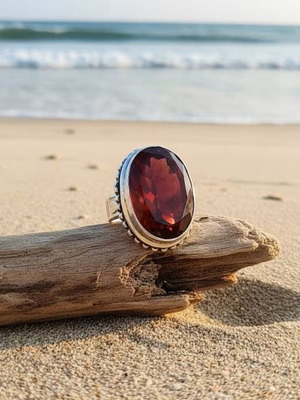 Retro ring with red stone and silver plating, size 57