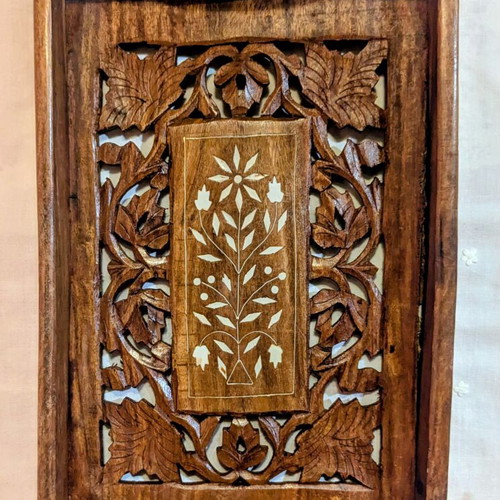Vintage handmade wooden tray from India with carving and inlay decoration