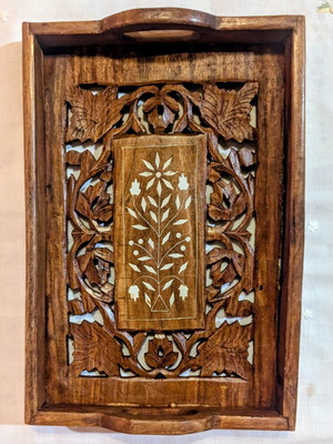 Vintage handmade wooden tray from India with carving and inlay decoration