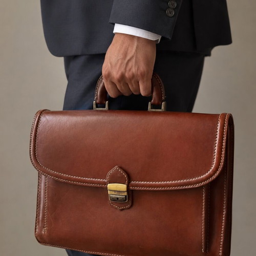 Leather briefcase used, vintage brown with metal clasp