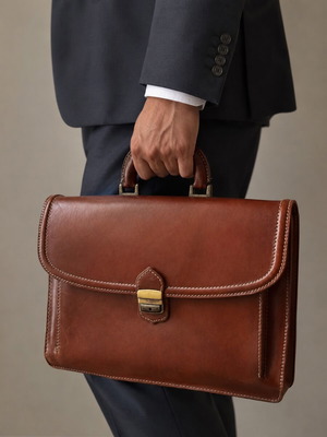 Leather briefcase used, vintage brown with metal clasp