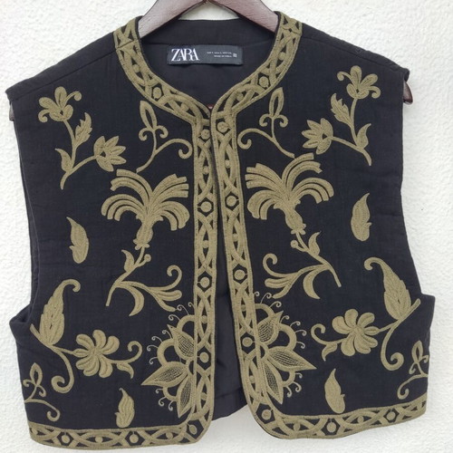 Zara boho vest black with gold embroidery, size S
