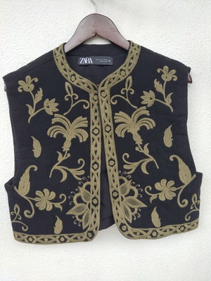 Zara boho vest black with gold embroidery, size S