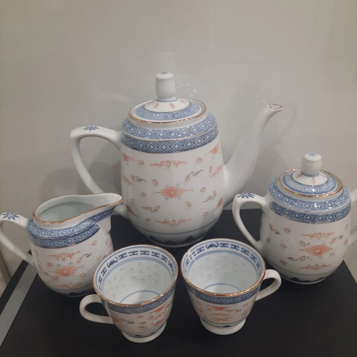 Vintage porcelain tea set China rice grain technique, like new