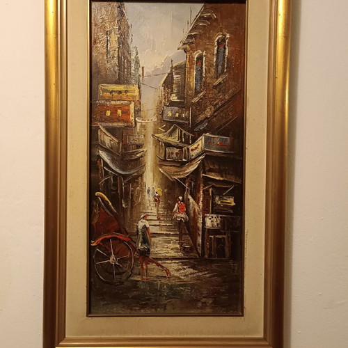 Oil painting used titled "Neighborhood in Asia" 46x77cm