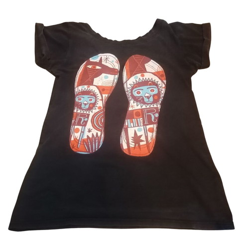 Y2K Skater Tee used, colorful boho print, black cotton, S-M