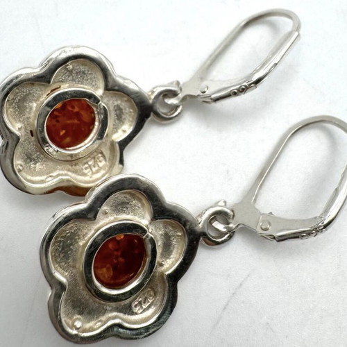 Vintage silver 925 earrings with natural amber floral design used