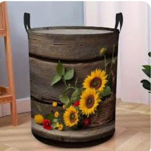 Folding laundry basket with sunflower and wood barrel print, new