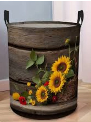 Folding laundry basket with sunflower and wood barrel print, new