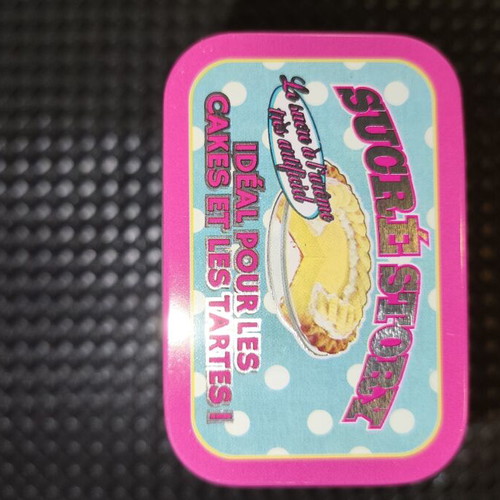 Vintage metal storage tin Sucré Story by Natives, new