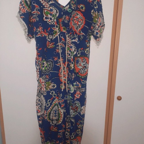 Boho long dress used, blue, onesize with pom-poms on sleeves