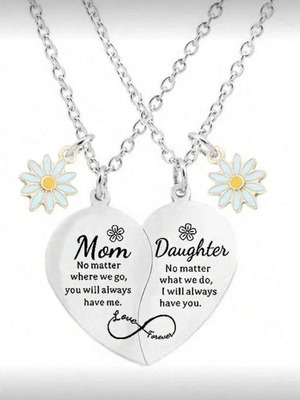 Mom & Daughter Split Heart Necklace Set new, silver-tone with daisy charms