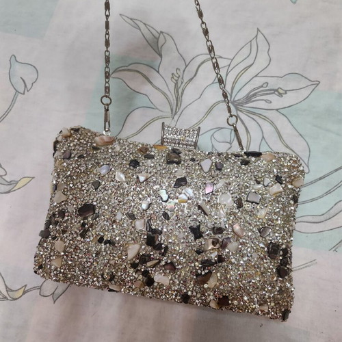 Evening bag with rhinestones and stones, new, shoulder type, gray multicolor