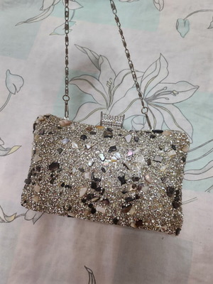 Evening bag with rhinestones and stones, new, shoulder type, gray multicolor
