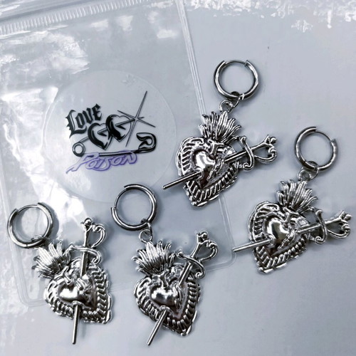 Love X Poison Handmade Stainless Steel Silver Hoop Earrings with Chunky Sacred Dagger Heart