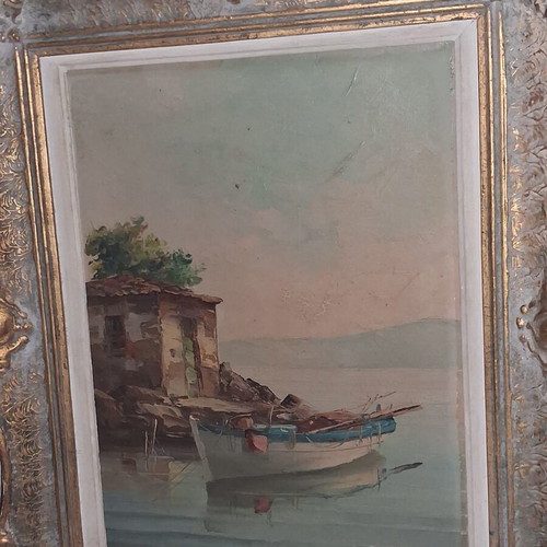 Kostopoulos Old Greek Seascape Oil Painting on Canvas with Embossed Frame