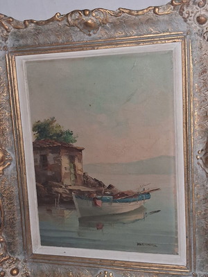 Kostopoulos Old Greek Seascape Oil Painting on Canvas with Embossed Frame