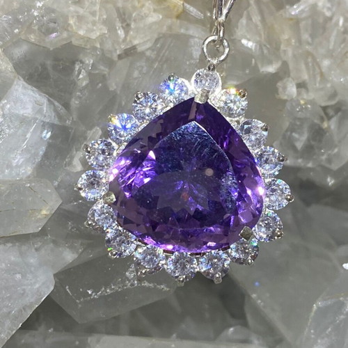 Silver pendant with large cut natural amethyst stone and moissanites, new