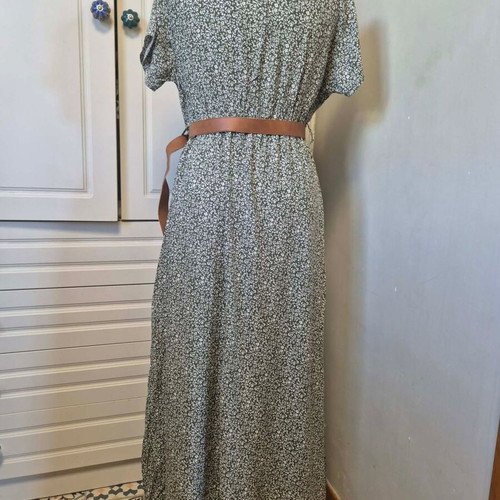 Maxi dress white-green one size with tan belt new