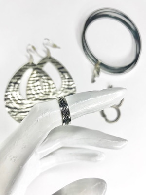 Jewelry set used with 2 earrings, ring and silver metal bracelet