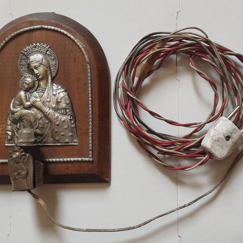 Tinos Icon Stand used with Virgin Mary and electric lamp