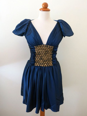 Forever Unique dress refurbished, size UK 8, blue and gold