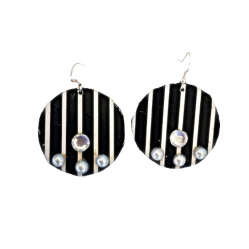Earrings handmade black and white stripes with strass and pearls