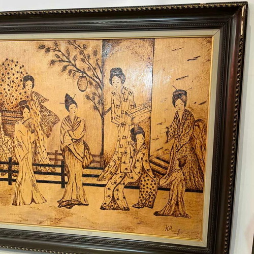 Vintage pyrography wall art with Chinese wedding scene, artist signed, 70x114