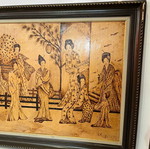 Vintage pyrography wall art with Chinese wedding scene, artist signed, 70x114
