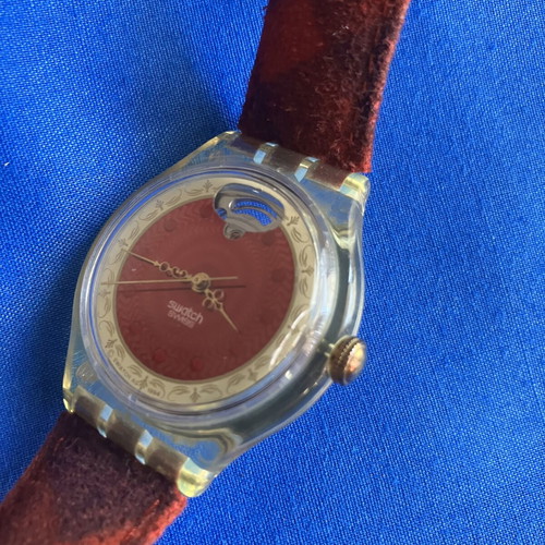 Swatch automatic wristwatch, red fabric and leather strap