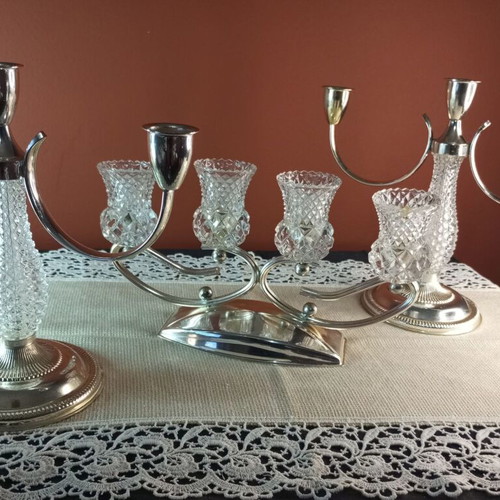 Vintage Silver Plate and Crystal Candle Holder Set of 5 NOS