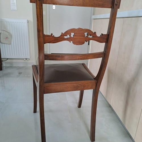 Dining chairs and armchairs used, handmade solid walnut set of 8, Corfu style with leather upholstery