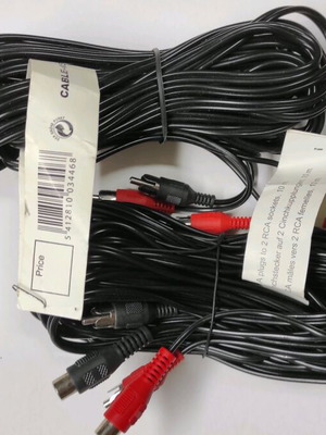 Audio cable 2 RCA male to 2 RCA female 10 meters new, red and black