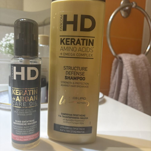 HD Keratin shampoo and Argan oil used for damaged hair