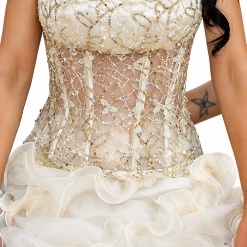 Ivory wedding dress with corset and gold details