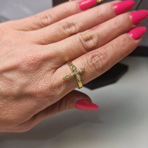 Stainless steel ring with cross and rhinestones gold color, new