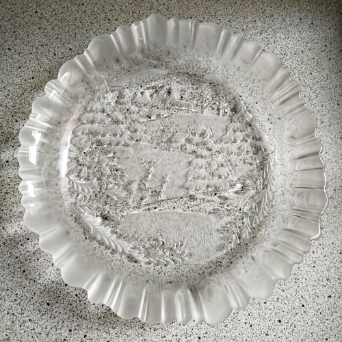 Crystal serving platter like new with embossed winter landscape