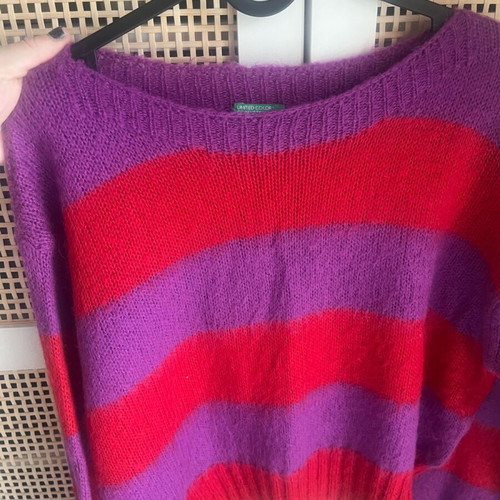 Wool striped Benetton sweater new, size S, red and purple