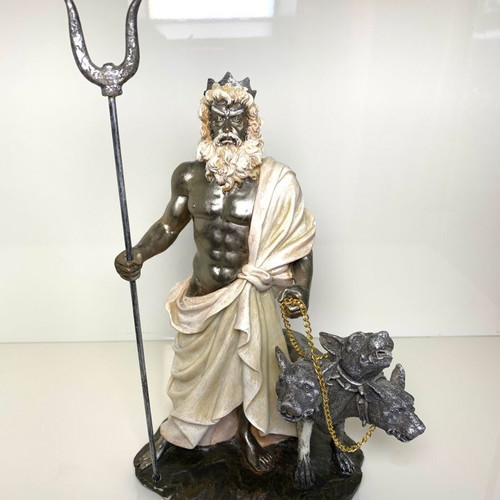 Hades figurine with Cerberus used, synthetic porcelain