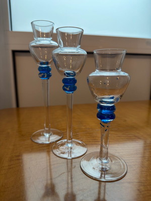 Set of 3 glass candle holders used with blue detail, vintage style