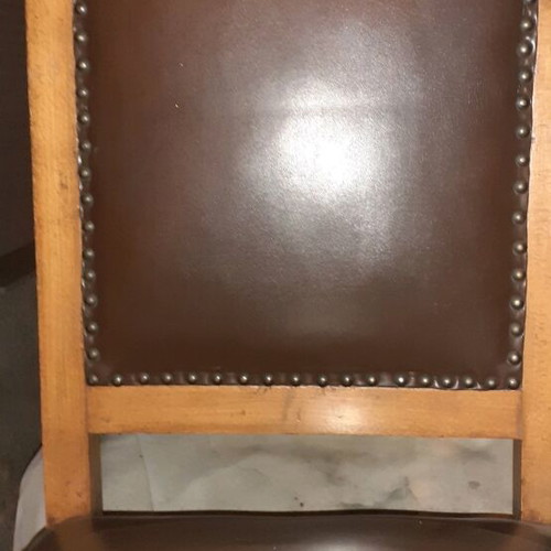 Vintage dining chairs used, set of 6, wooden leather with carved legs