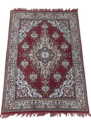 Vintage Persian rug used, 120×180 cm, oriental motifs, red fringes