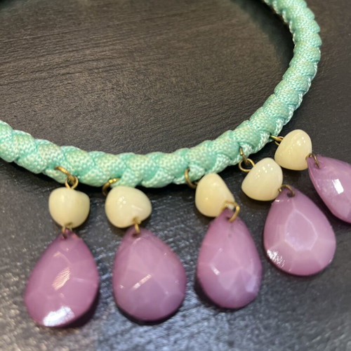 Handmade necklace with stones and threads, like new, purple and turquoise