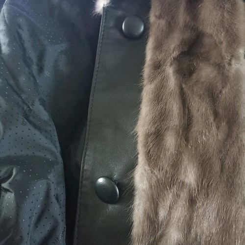 Coat with natural fur and genuine leather used, brown - black, size Large/X Large