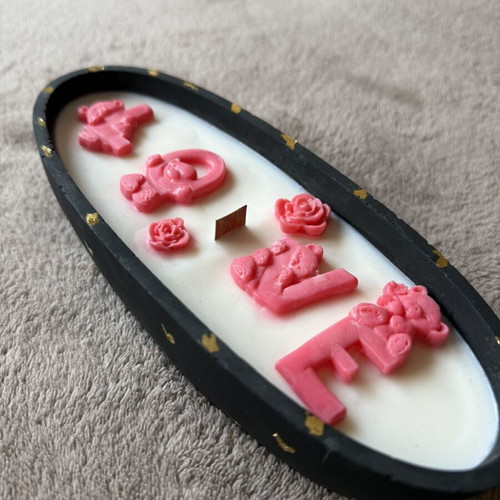 Handmade soy candle LOVE in plaster mold with gold hearts