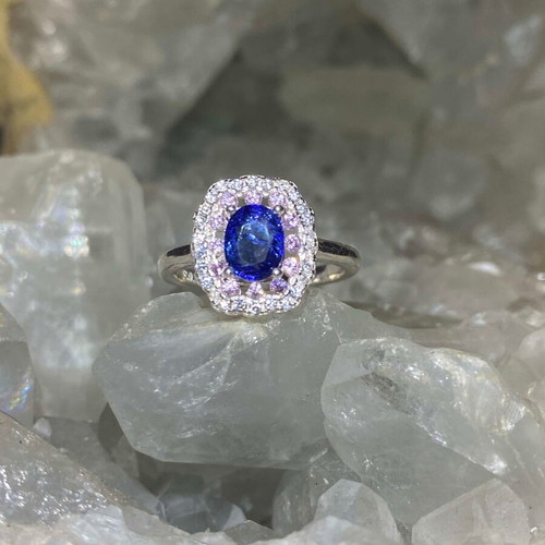 Handmade silver ring with natural blue sapphire, pink quartz & moissanites, size 7