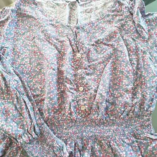 Blouse with shirring and front buttons used, multicolor, size M