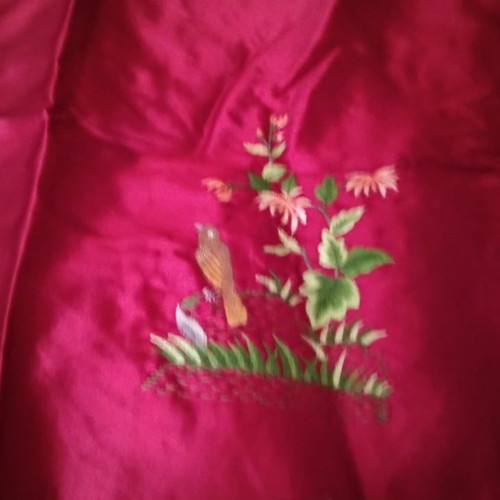 Bed cover used in red with multicolor embroidery and pillowcases